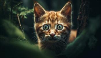 Cute kitten looking at camera, sitting in grass, playful curiosity generated by AI photo