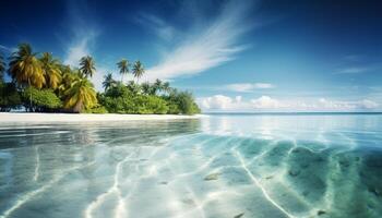 Idyllic tropical coastline, turquoise water, palm trees, tranquil relaxation generated by AI photo