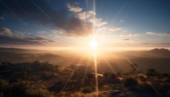 Sunset over the mountain peak, a tranquil scene of nature generated by AI photo