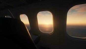 volador alto encima el ciudad, el avión capturas el puesta de sol generado por ai foto