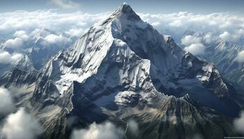 Snow capped mountains, majestic peaks, panoramic landscapes, adventure in extreme terrain generated by AI photo