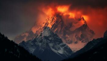 Majestic mountain peak, snow covered, sunset paints dramatic sky generated by AI photo