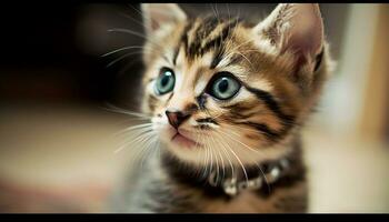 Cute kitten staring, fluffy fur, playful nature, charming and alert generated by AI photo