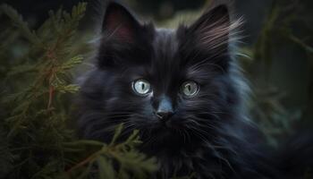 Cute kitten sitting in grass, staring with curious blue eyes generated by AI photo