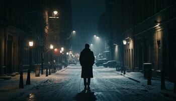 Silhouette of one person walking in the snowy winter night generated by AI photo