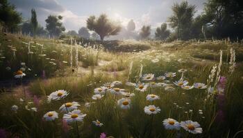 A meadow of daisies, bathed in sunlight, paints a tranquil scene generated by AI photo