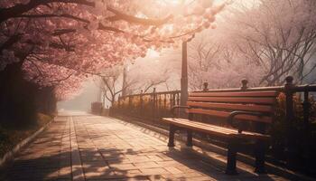 Tranquil scene bench under tree, autumn leaves, sunlight, nature beauty generated by AI photo