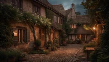 Old cottage illuminated by lanterns, surrounded by nature rustic charm generated by AI photo