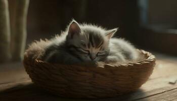 Cute kitten, fluffy fur, small and playful, resting comfortably indoors generated by AI photo