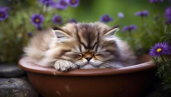 Cute kitten sitting on grass, looking at yellow flower generated by AI photo