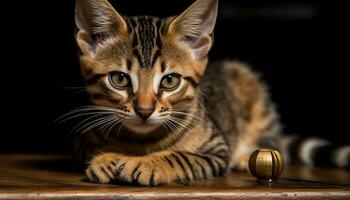 Cute kitten playing, staring with curiosity, striped fur, portrait generated by AI photo