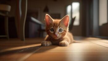 Cute kitten sitting, looking at camera, playful, fluffy, striped generated by AI photo