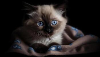 Cute kitten with blue eyes, fluffy fur, and playful curiosity generated by AI photo