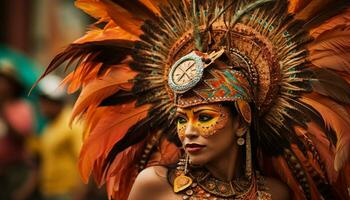 sonriente brasileño mujer en vistoso tradicional disfraces bailando samba desfile generado por ai foto