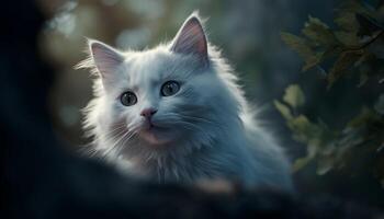 Cute kitten sitting outdoors, looking at camera with beautiful fur generated by AI photo