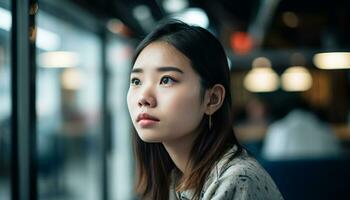 Young adult woman, sitting indoors, looking away, contemplating her business generated by AI photo