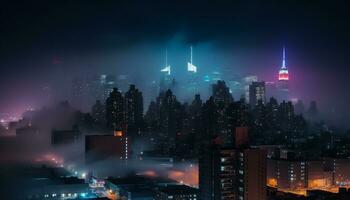 Night skyline, skyscrapers illuminate city, creating futuristic urban landscape generated by AI photo