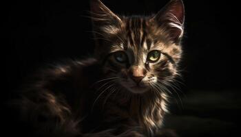 Cute kitten with striped fur, looking at camera, sitting outdoors generated by AI photo