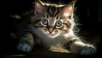 Cute kitten sitting, staring, playful, fluffy, striped, whisker, softness, fur generated by AI photo