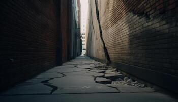 Old brick building, vanishing point, dirty sidewalk, modern cityscape, abandoned generated by AI photo