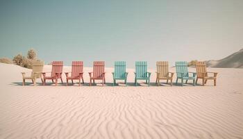 A tranquil scene of a deserted beach with lounge chairs generated by AI photo