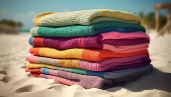 Stack of multi colored clothing, folded and piled high on a towel generated by AI photo