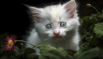 Cute kitten with fluffy fur, staring with blue eyes outdoors generated by AI photo