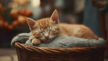 A cute kitten resting, looking fluffy and charming, indoors and outdoors generated by AI photo