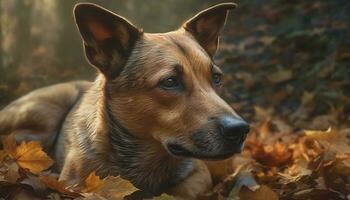 Cute puppy sitting in autumn forest, looking at camera attentively generated by AI photo