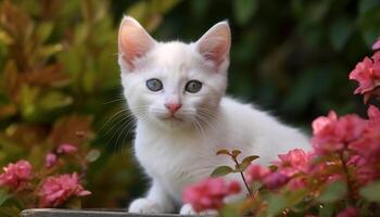 Cute kitten sitting in grass, staring with playful curiosity generated by AI photo