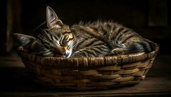 linda gatito dormido en un cesta, mullido piel y a rayas generado por ai foto