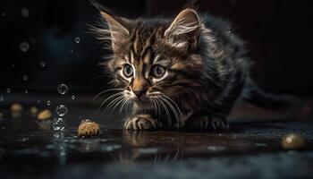 Cute kitten sitting, staring, playful, fluffy, with selective focus on foreground generated by AI photo