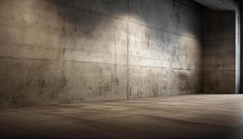 Empty apartment with concrete flooring, modern design, and illuminated window generated by AI photo