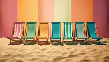 Empty deck chairs in a row, overlooking the tranquil blue sea generated by AI photo