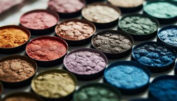 Multi colored eyeshadow collection, beauty close up, fashion make up glamour generated by AI photo