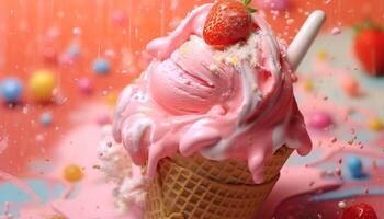 Refreshing summer treat strawberry ice cream cone, colorful and delicious generated by AI photo