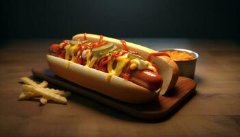 Grilled hot dog on bun, with fries, ketchup American lunch generated by AI photo