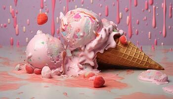 Ice cream cone with colorful toppings on a pink background generated by AI photo