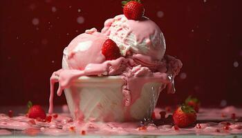Strawberry dessert, ice cream, gourmet, raspberry, summer, frozen generated by AI photo
