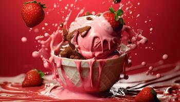 Freshness and sweetness in a bowl of strawberry ice cream generated by AI photo