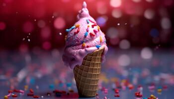 Ice cream cone with multi colored toppings, a sweet summer treat generated by AI photo