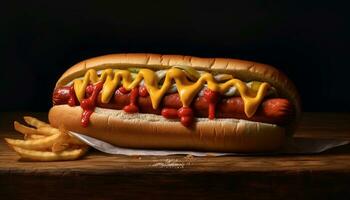 Grilled beef hot dog, meal with ketchup, unhealthy eating generated by AI photo