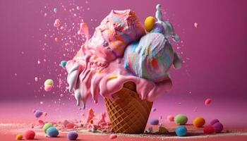 Abstract ice cream cone illustration on multi colored backgrounds generated by AI photo