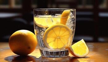 Fresh lemon slice on table, close up of citrus drink generated by AI photo