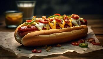 Grilled beef hot dog on bun with ketchup snack generated by AI photo