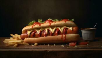 Grilled beef hot dog on bun with ketchup generated by AI photo