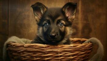 Cute puppy sitting, looking at camera, fluffy fur, playful generated by AI photo