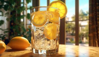 Fresh lemonade on a wooden table, perfect summer refreshment generated by AI photo