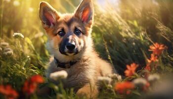 Cute puppy playing in the grass, enjoying nature beauty generated by AI photo