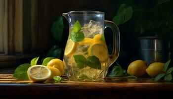 Fresco limonada en un de madera mesa, un refrescante verano bebida generado por ai foto